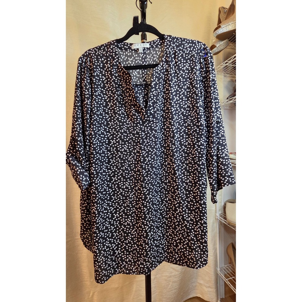 Chaus New York Womens 1X Blouse Black White Polka Dot V-Neck Roll Tab Sleeve Top